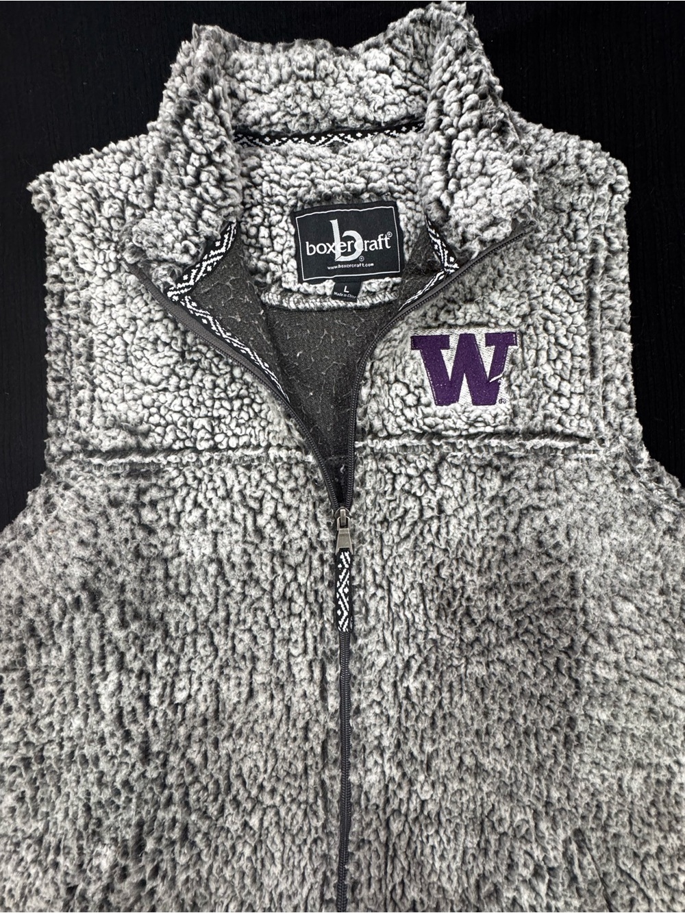 GO HUSKIES!! Women's Gray Sherpa Vest with Purple Huskies W